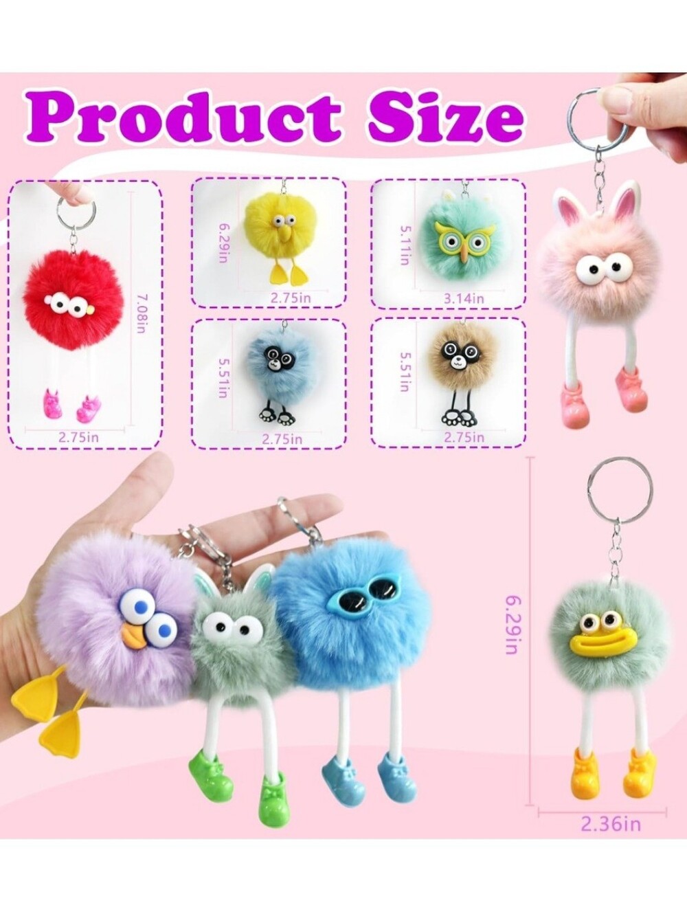 Fuzzy Pom Animal Keychain - Assorted Pastel & Bright Colors - ONE - Picture 2 of 4